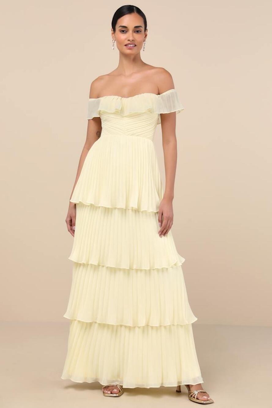 NWT Lulus Always Remarkable Pale Yellow Off Shoulder Tiered Maxi Dress Small